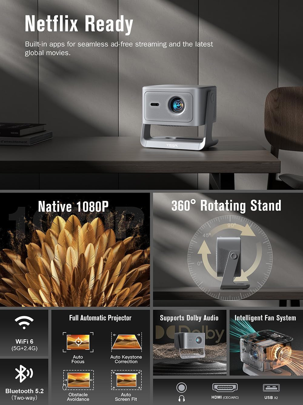 【Now with Netflix & 3000Ansi】Smart 4K Projector with Wifi and Bluetooth,  3D Dolby Audio and Auto Focus Portable Outdoor Projector, Movie Home Theater Projectors Lamp Bulb for Bedroom/Ceiling