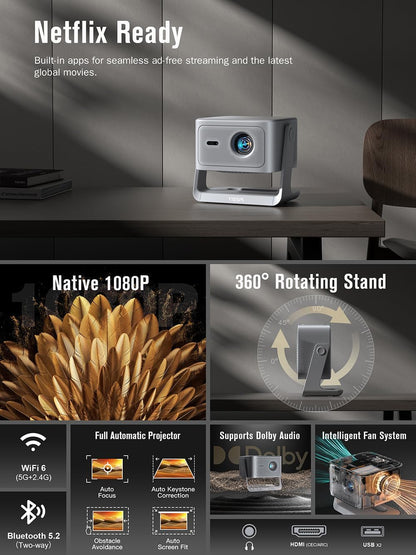 【Now with Netflix & 3000Ansi】Smart 4K Projector with Wifi and Bluetooth,  3D Dolby Audio and Auto Focus Portable Outdoor Projector, Movie Home Theater Projectors Lamp Bulb for Bedroom/Ceiling