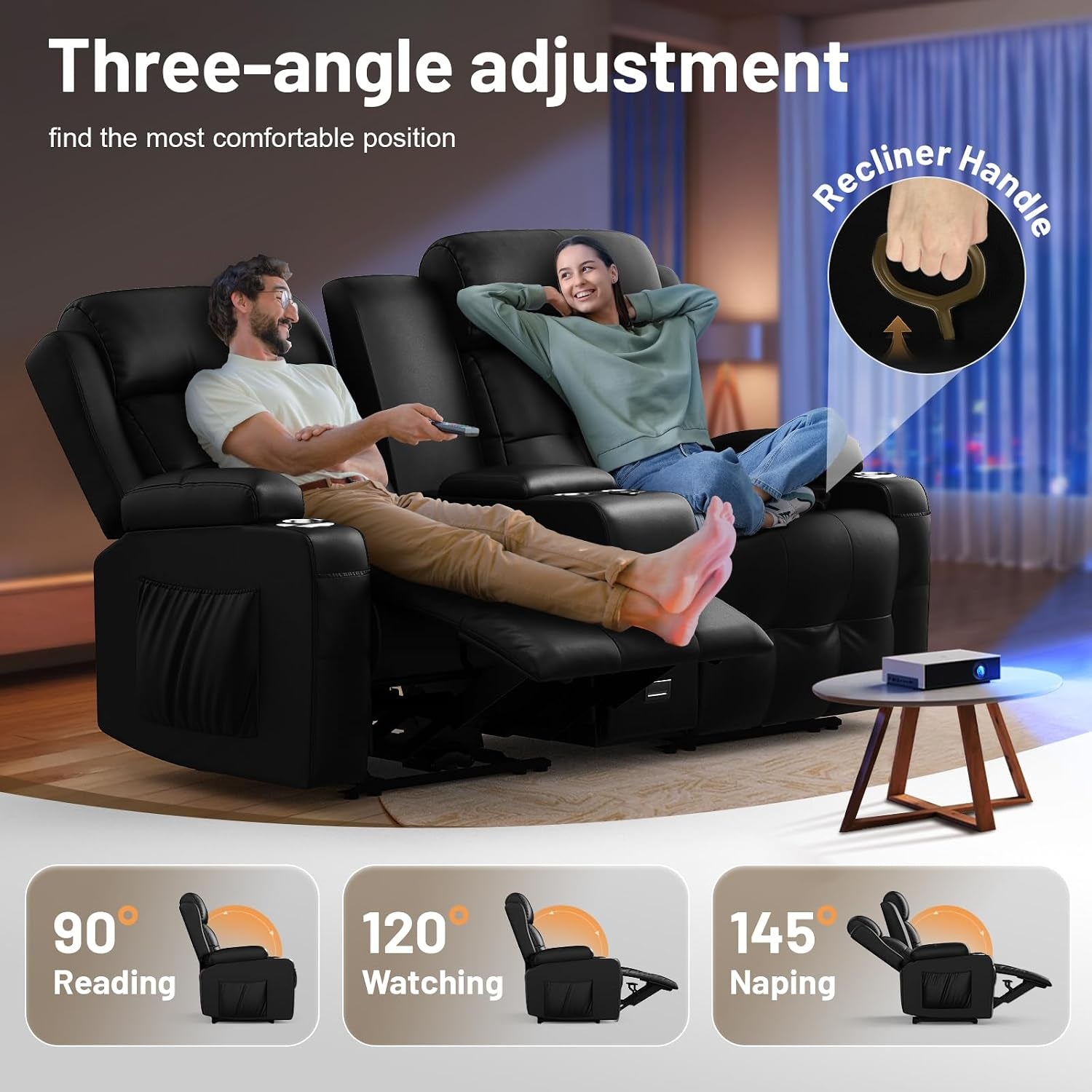 Loveseat Recliner Sofa, Home Theater Seating with Massage, Reclining Loveseats with Console, Wall Hugger RV Couch Movie Theater Chairs, RV Furniture Sofas with USB, Cup Holders, Drawer for Gaming Room