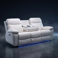 3 Seater Power Recliner Chair Sofa Set for Living Room,Faux Leather Electric White Home Theater Seating Reclining Sofa Couch with Flipped Middle Backrest,Led Light,Usb Port,Cup Holders — Studio Shot