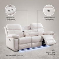 3 Seater Power Recliner Chair Sofa Set for Living Room,Faux Leather Electric White Home Theater Seating Reclining Sofa Couch with Flipped Middle Backrest,Led Light,Usb Port,Cup Holders — infographic