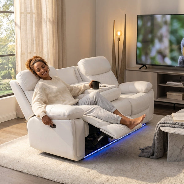 Home Theater Recliner Sofa Built for Movie Night Comfort, 3 Seater Electric Power, LED Lighting, USB Ports