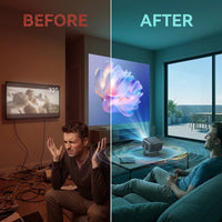 [3500 ANSI/ Official Apps/65W Audio] Outdoor 4K Projector with Wifi and Bluetooth, Auto Focus, Auto Keystone Smart Projector Support Doiby Audio, 2026 Upgrade GO2 Short Throw Projector with 360°Stand — Before & After