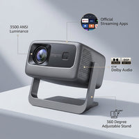 [3500 ANSI/ Official Apps/65W Audio] Outdoor 4K Projector with Wifi and Bluetooth, Auto Focus, Auto Keystone Smart Projector Support Doiby Audio, 2026 Upgrade GO2 Short Throw Projector with 360°Stand — infographic