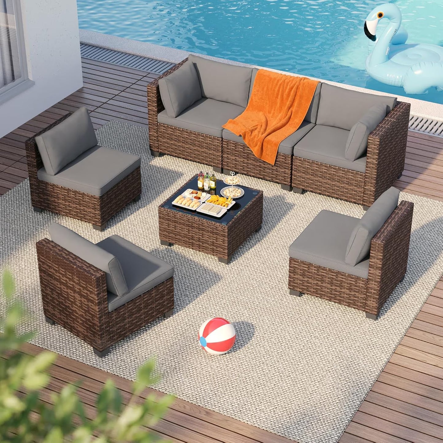 7-Piece Outdoor Patio Furniture Set, Wicker Patio Conversation Set with All Weather Construction and Coffee Table for Backyard and Front Porch, Gray