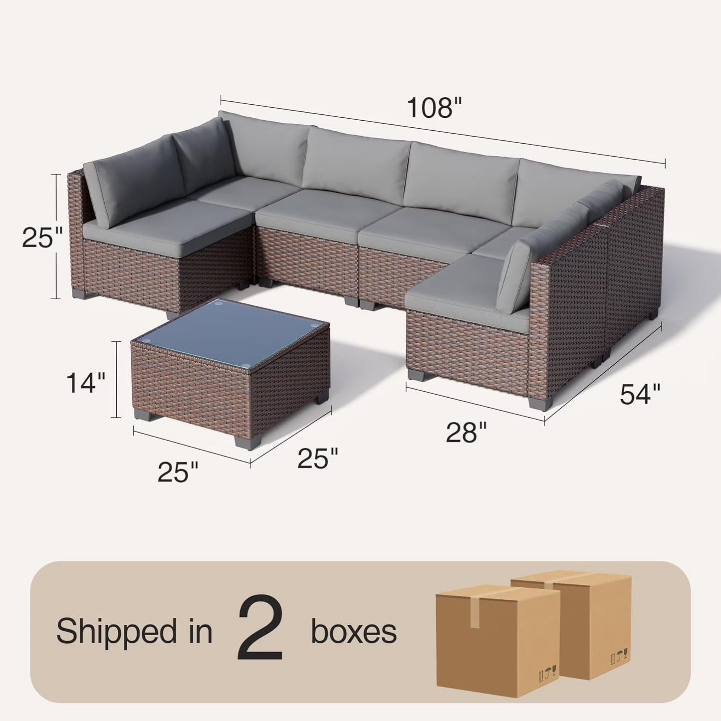 7-Piece Outdoor Patio Furniture Set, Wicker Patio Conversation Set with All Weather Construction and Coffee Table for Backyard and Front Porch, Gray