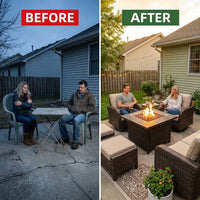 7 Piece Outdoor Patio Furniture Set, Patio Furniture Set with Fire Pit Table Rattan Wicker Patio Furniture Set, Brown Wicker & Beige Cushion — Before & After