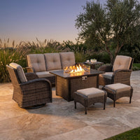 7 Piece Outdoor Patio Furniture Set, Patio Furniture Set with Fire Pit Table Rattan Wicker Patio Furniture Set, Brown Wicker & Beige Cushion — Studio Shot