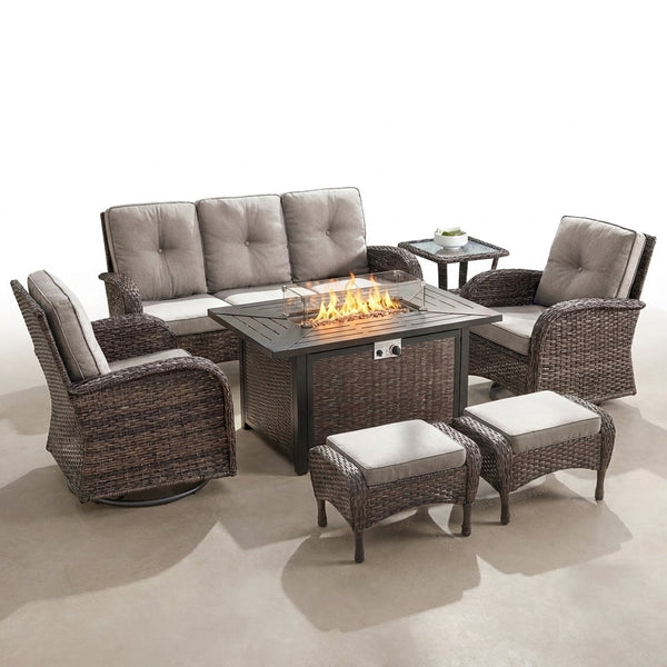 7 Piece Outdoor Patio Furniture Set, Patio Furniture Set with Fire Pit Table Rattan Wicker Patio Furniture Set, Brown Wicker & Beige Cushion — Studio Shot