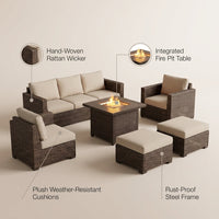 7 Piece Outdoor Patio Furniture Set, Patio Furniture Set with Fire Pit Table Rattan Wicker Patio Furniture Set, Brown Wicker & Beige Cushion — infographic
