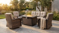 7 Piece Outdoor Patio Furniture Set, Patio Furniture Set with Fire Pit Table Rattan Wicker Patio Furniture Set, Brown Wicker & Beige Cushion — Lifestyle