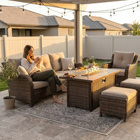 7 Piece Outdoor Patio Furniture Set, Patio Furniture Set with Fire Pit Table Rattan Wicker Patio Furniture Set, Brown Wicker & Beige Cushion — Lifestyle