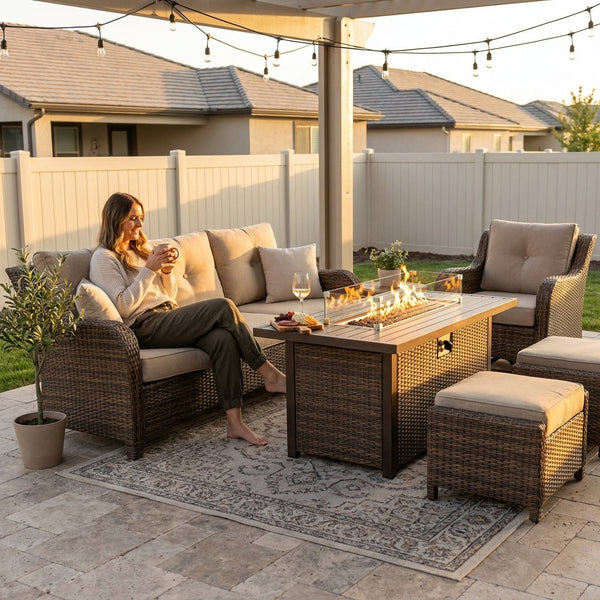 Outdoor Patio Furniture Set Built for Year-Round Gatherings, Fire Pit Table, Rattan Wicker, 7 Pieces