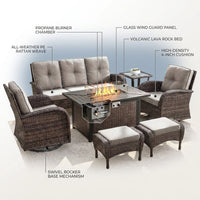 7 Piece Outdoor Patio Furniture Set, Patio Furniture Set with Fire Pit Table Rattan Wicker Patio Furniture Set, Brown Wicker & Beige Cushion — How It Works