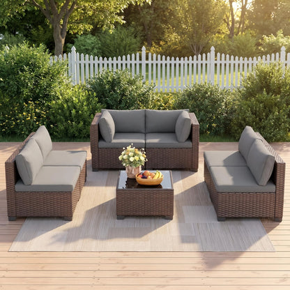 7-Piece Outdoor Patio Furniture Set, Wicker Patio Conversation Set with All Weather Construction and Coffee Table for Backyard and Front Porch, Gray