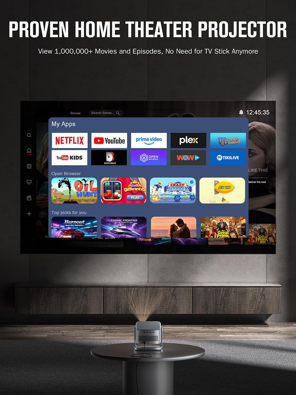 【Now with Netflix & 3000Ansi】Smart 4K Projector with Wifi and Bluetooth,  3D Dolby Audio and Auto Focus Portable Outdoor Projector, Movie Home Theater Projectors Lamp Bulb for Bedroom/Ceiling