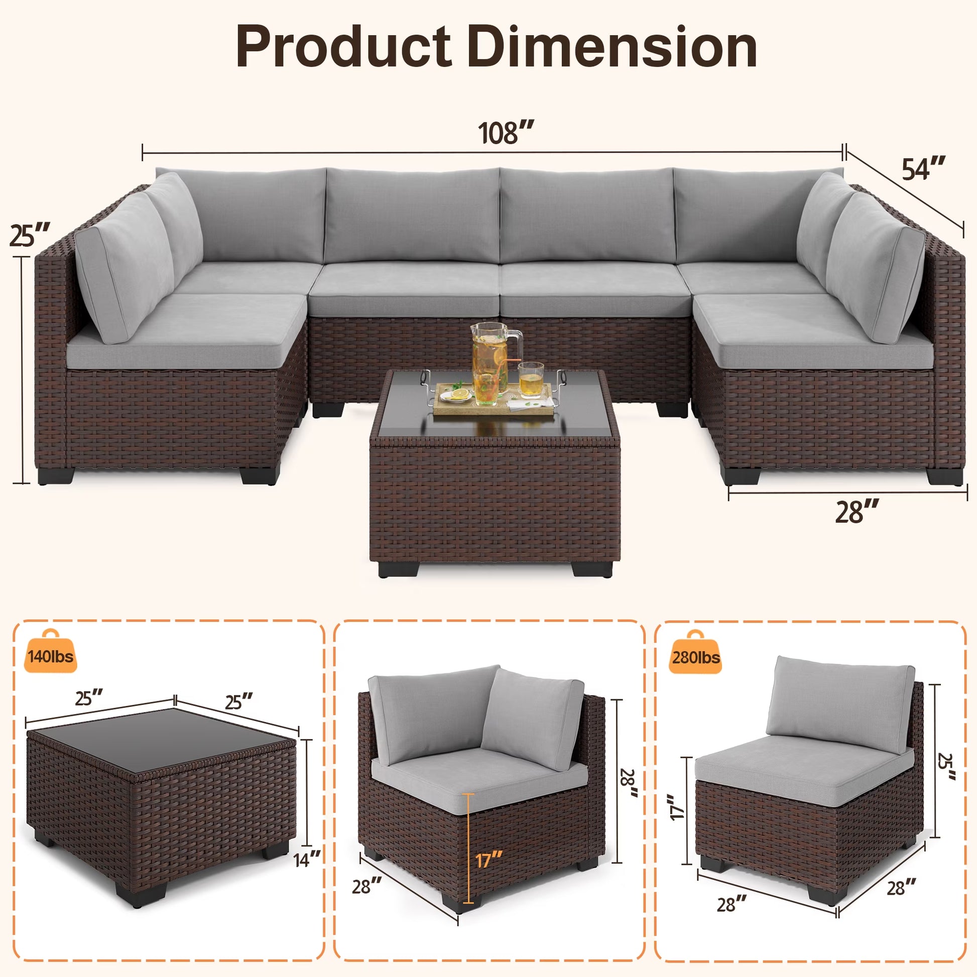 7-Piece Outdoor Patio Furniture Set, Wicker Patio Conversation Set with All Weather Construction and Coffee Table for Backyard and Front Porch, Gray