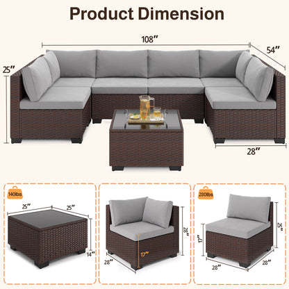 7-Piece Outdoor Patio Furniture Set, Wicker Patio Conversation Set with All Weather Construction and Coffee Table for Backyard and Front Porch, Gray