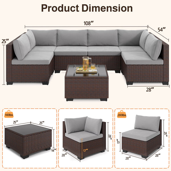7-Piece Outdoor Patio Furniture Set, Wicker Patio Conversation Set with All Weather Construction and Coffee Table for Backyard and Front Porch, Gray