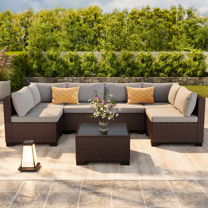7-Piece Outdoor Patio Furniture Set, Wicker Patio Conversation Set with All Weather Construction and Coffee Table for Backyard and Front Porch, Gray