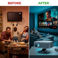【Now with Netflix & 4500 Ansi】Smart 4K Projector with Wifi and Bluetooth, Auto Focus & Keystone Portable Outdoor Projector,  Home Theater Proyector with Adjustable Stand(Grey) — Before & After