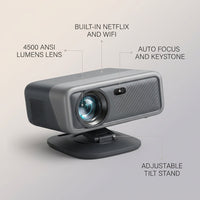【Now with Netflix & 4500 Ansi】Smart 4K Projector with Wifi and Bluetooth, Auto Focus & Keystone Portable Outdoor Projector,  Home Theater Proyector with Adjustable Stand(Grey) — infographic