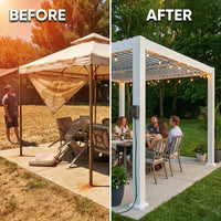 Windham 14' X 10' Modern Galvanized Steel Outdoor Patio Pergola Kit with Shade Sail Canopy and Powerport — Before & After
