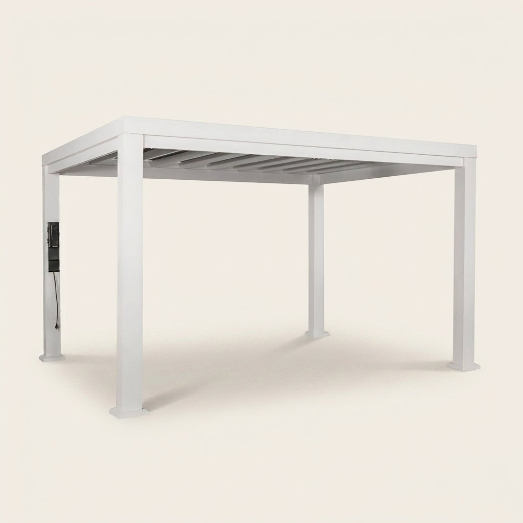 Windham 14' X 10' Modern Galvanized Steel Outdoor Patio Pergola Kit with Shade Sail Canopy and Powerport — Studio Shot