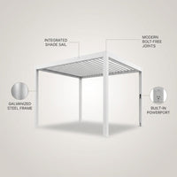 Windham 14' X 10' Modern Galvanized Steel Outdoor Patio Pergola Kit with Shade Sail Canopy and Powerport — infographic