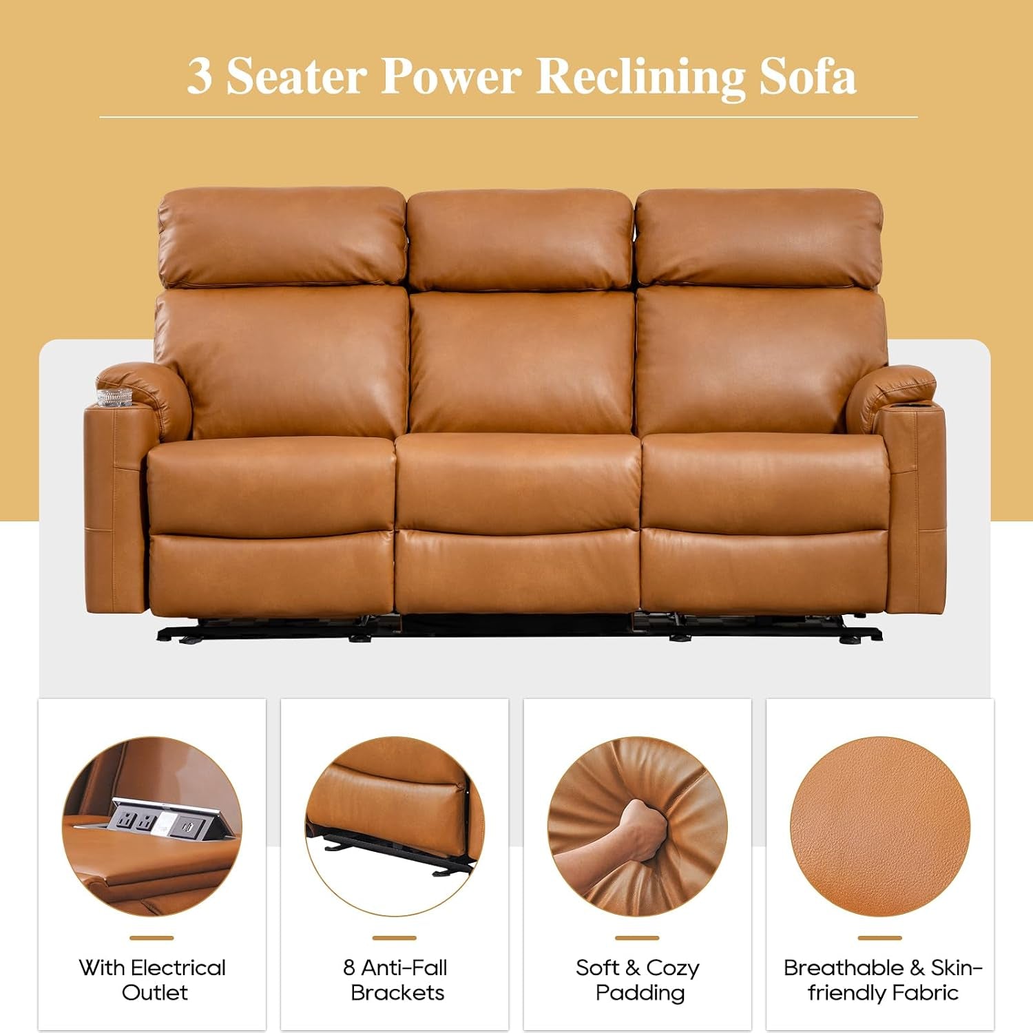 Power Reclining Sofa - 3 Seater Recliner Sofás, PU Leather Sofa, Home Theater Seating with Flipped Middle Backrest, Power Recliner Couch for Living Room(Brown)