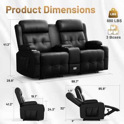 Loveseat Recliner Sofa, Home Theater Seating with Massage, Reclining Loveseats with Console, Wall Hugger RV Couch Movie Theater Chairs, RV Furniture Sofas with USB, Cup Holders, Drawer for Gaming Room