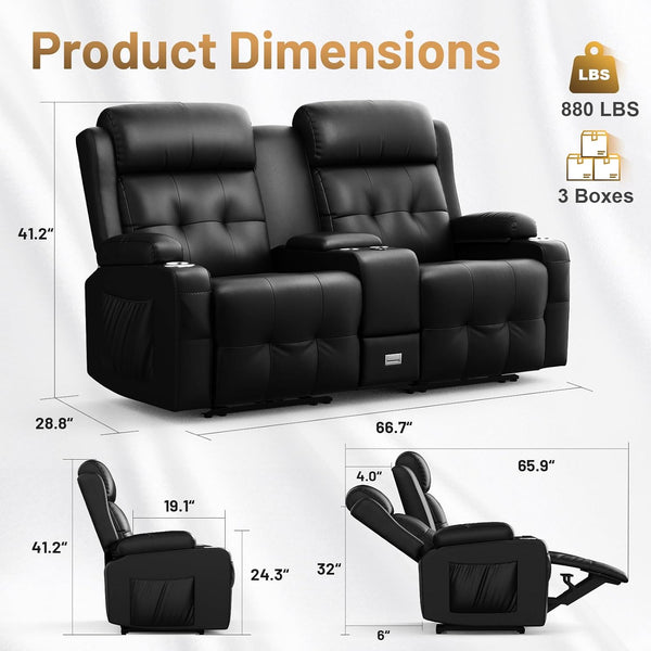 Loveseat Recliner Sofa, Home Theater Seating with Massage, Reclining Loveseats with Console, Wall Hugger RV Couch Movie Theater Chairs, RV Furniture Sofas with USB, Cup Holders, Drawer for Gaming Room