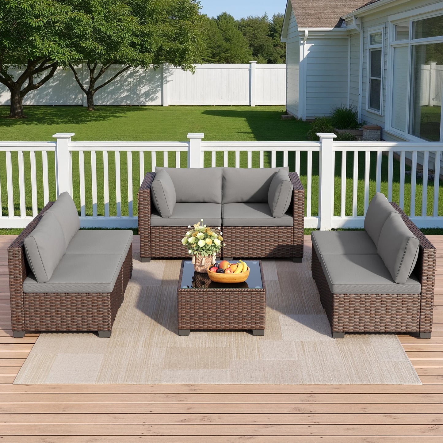 7-Piece Outdoor Patio Furniture Set, Wicker Patio Conversation Set with All Weather Construction and Coffee Table for Backyard and Front Porch, Gray