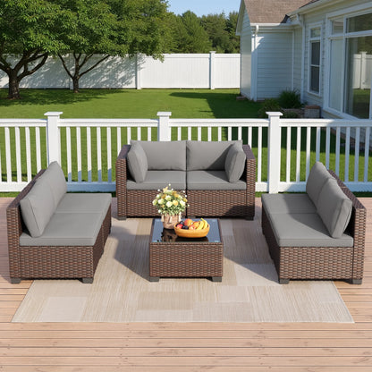 7-Piece Outdoor Patio Furniture Set, Wicker Patio Conversation Set with All Weather Construction and Coffee Table for Backyard and Front Porch, Gray