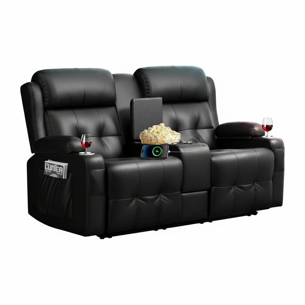 Loveseat Recliner Sofa, Home Theater Seating with Massage, Reclining Loveseats with Console, Wall Hugger RV Couch Movie Theater Chairs, RV Furniture Sofas with USB, Cup Holders, Drawer for Gaming Room