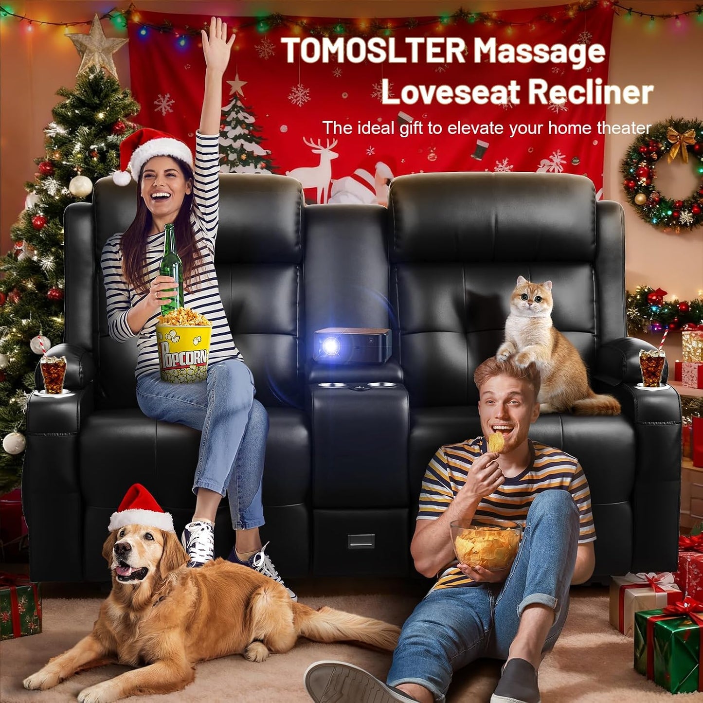 Loveseat Recliner Sofa, Home Theater Seating with Massage, Reclining Loveseats with Console, Wall Hugger RV Couch Movie Theater Chairs, RV Furniture Sofas with USB, Cup Holders, Drawer for Gaming Room